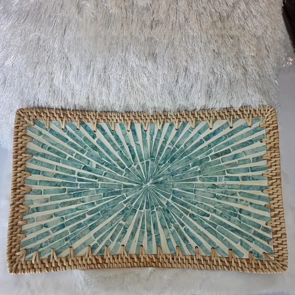 Rattan Serving Tray Set of 3 Mother of Pearl Mosaic Decorative Home Decor